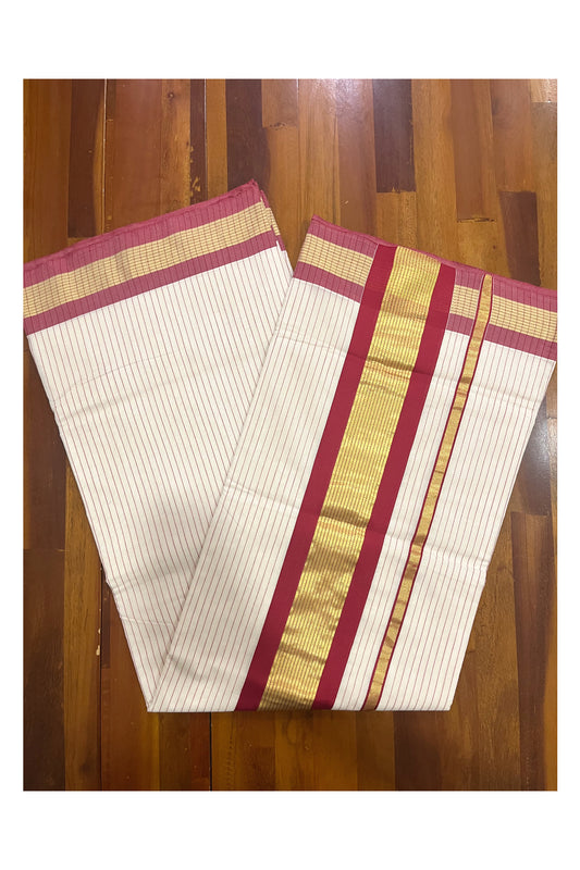 Southloom Premium Unakkupaavu Handloom Cotton Saree with Maroon and Kasavu Lines Designs on Pallu