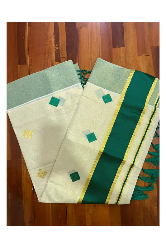 Kerala Tissue Kasavu Saree with Green Woven Butta Designs and Tassels Works