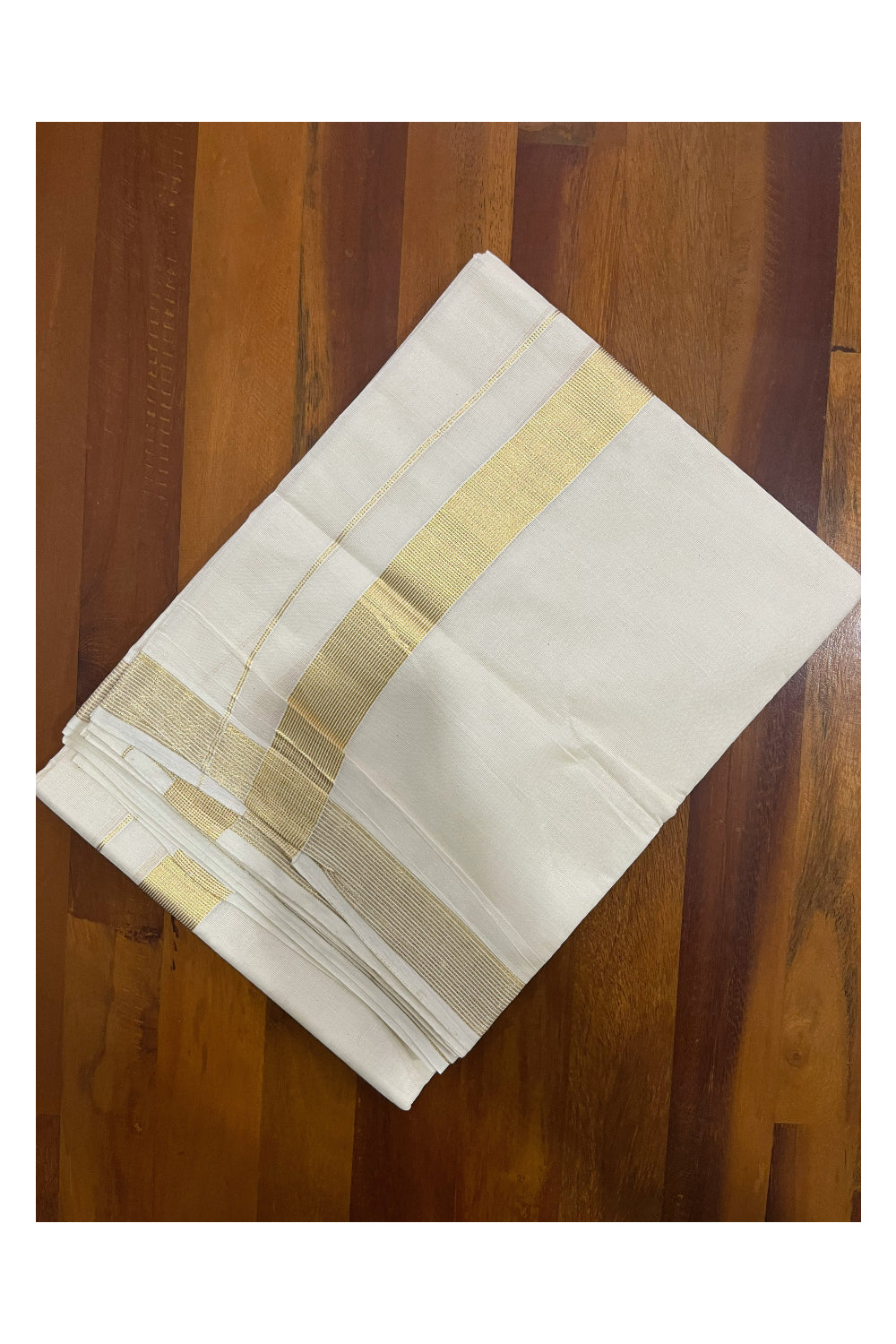 Off White Pure Cotton Double Mundu with Kasavu Lines Border (Onam Mundu 2023)