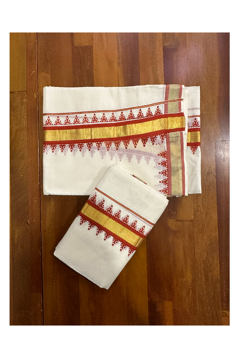 Kerala Cotton Kasavu Single Set Mundu (Mundum Neriyathum) with Orange Block Prints on Border 2.80 Mtrs (Onam set Mundu 2023)