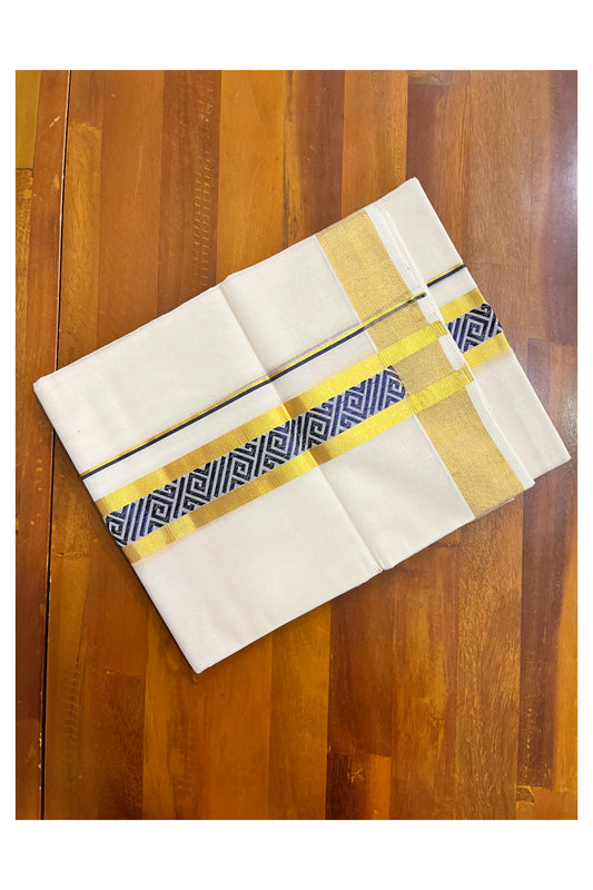 Southloom Premium Handloom Pure Cotton Mundu with Golden and Blue Kasavu Woven Border (Vishu 2024 Collection)