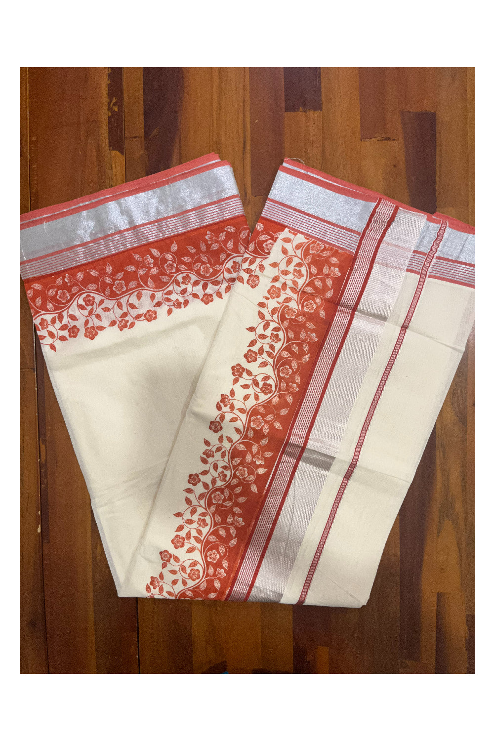 Kerala Cotton Saree with Orange Floral Block Prints and Silver Kasavu Border (Onam Saree 2023)