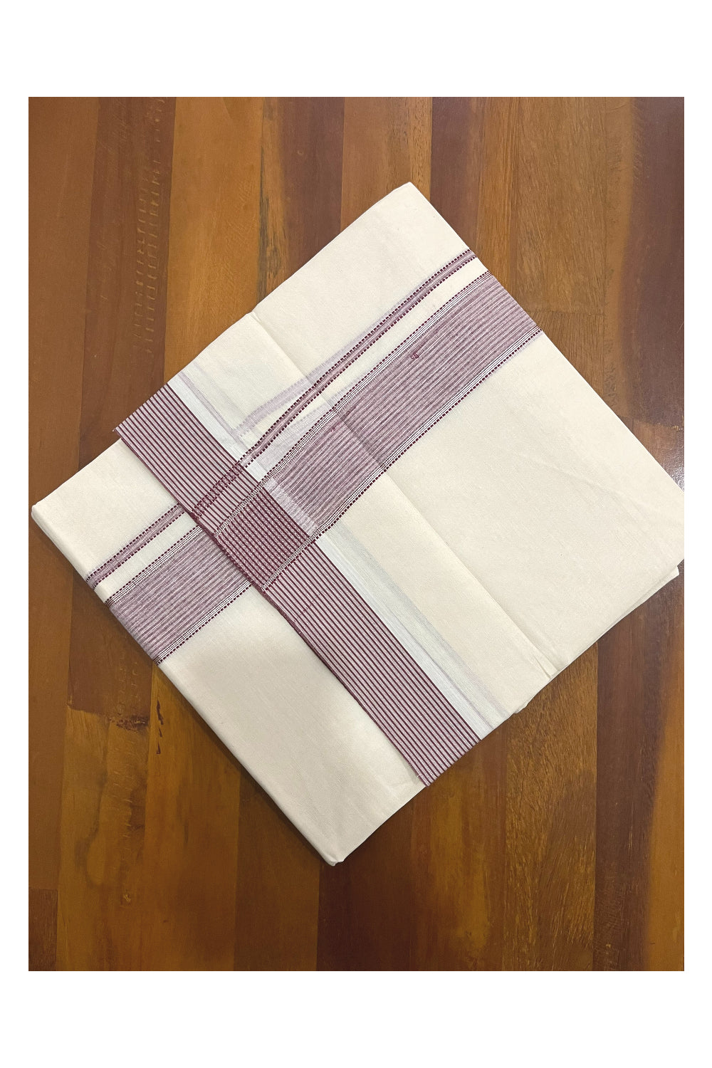 Pure Cotton 100x100 Double Mundu with Maroon and Silver Kasavu Kara (Onam Mundu 2023)