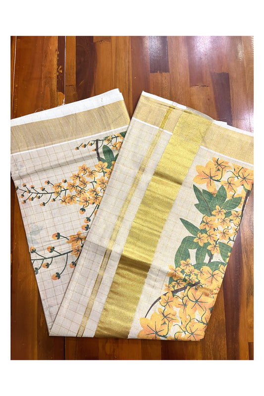 Kerala Tissue Kasavu Check Design Saree with Kanikonna Floral Prints on Body