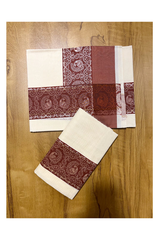 Kerala Cotton Single Set Mundu (Mundum Neriyathum) with Brown Block print Border 2.80Mtrs