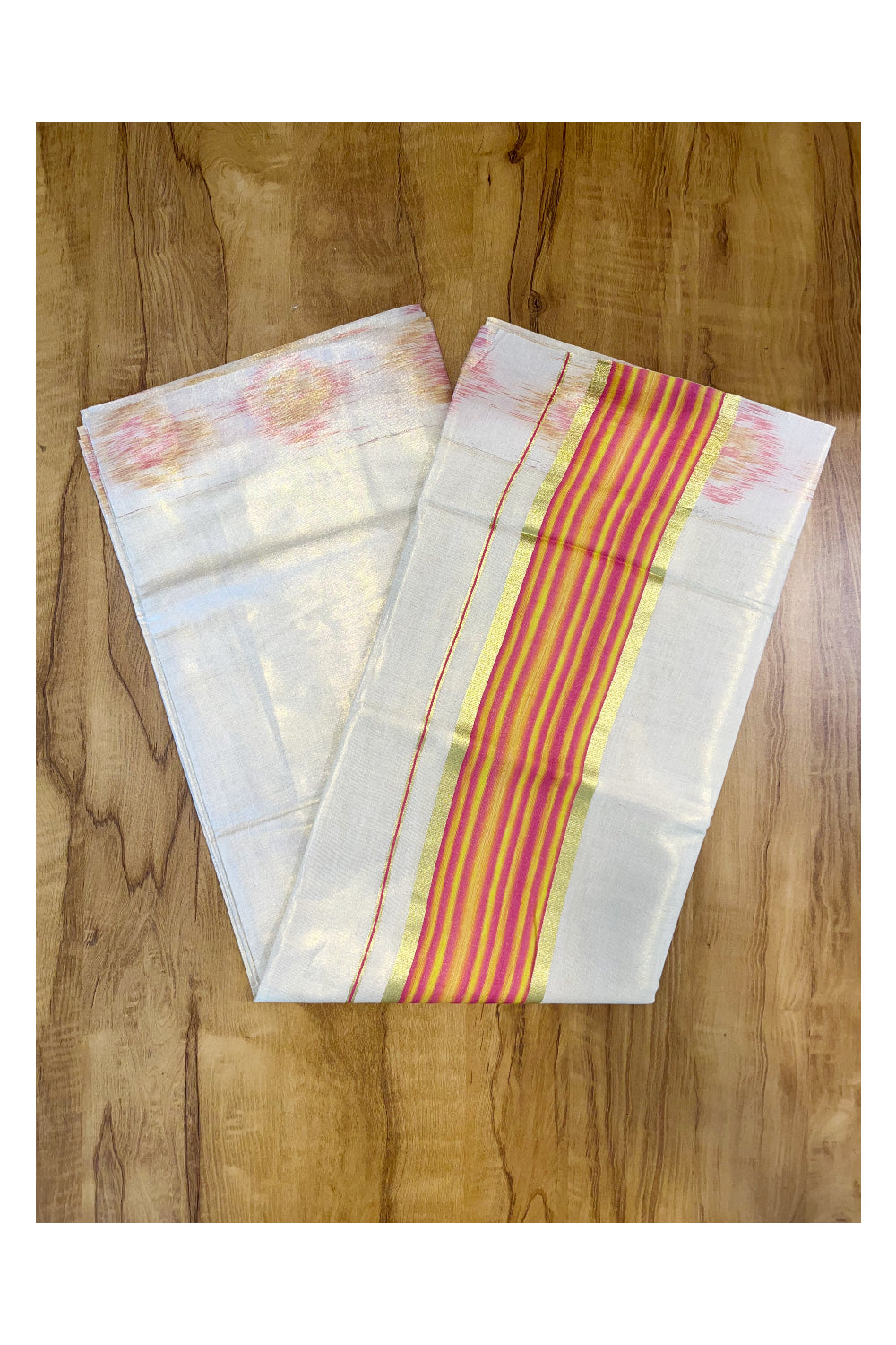 Southloom Kerala Tissue Kasavu Saree with Pink and Yellow Pochampally Design on Borders and Kara