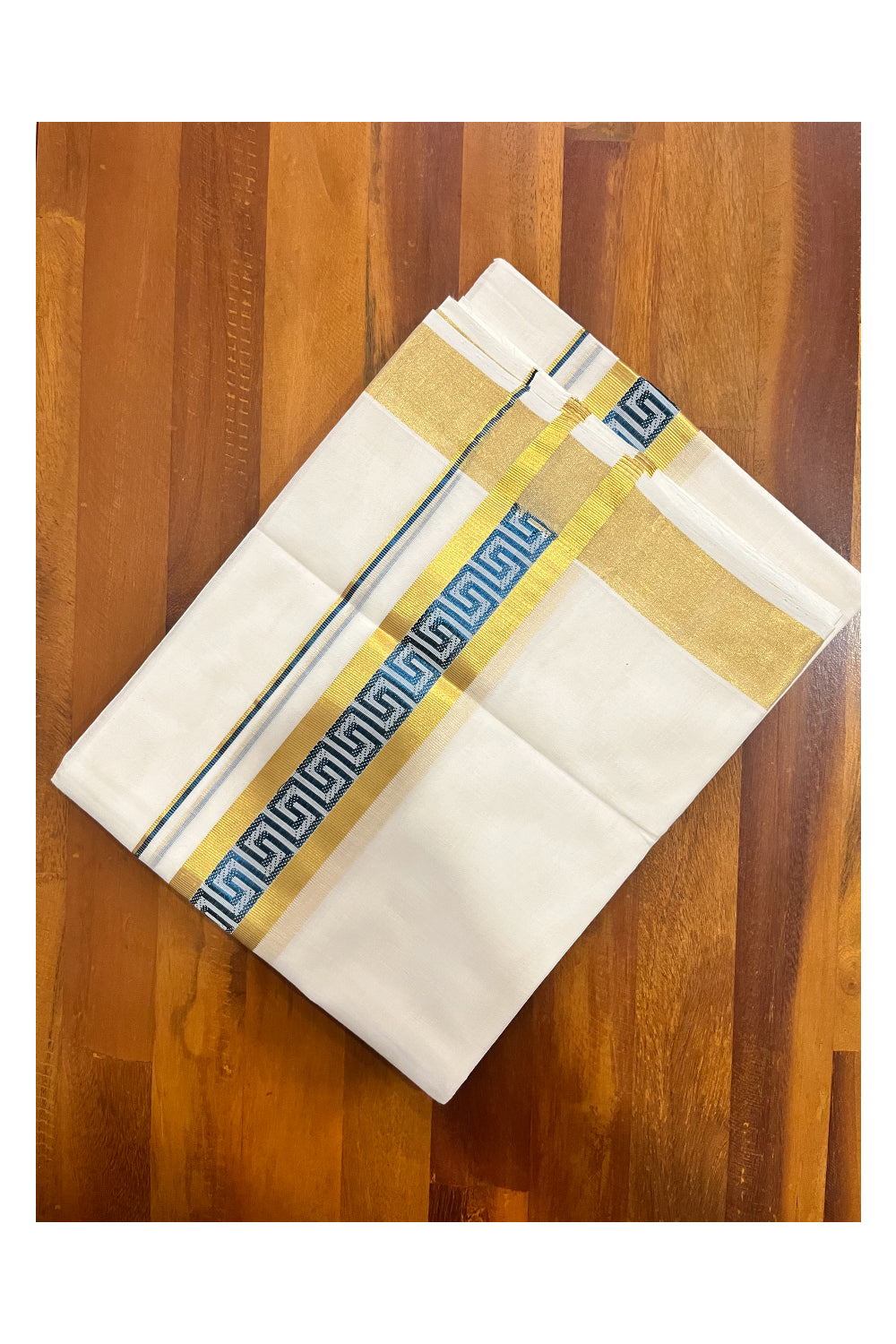 Southloom Premium Wedding Handloom Cotton Mundu with Blue and Golden Kasavu Woven Border (South Indian Kerala Dhoti)