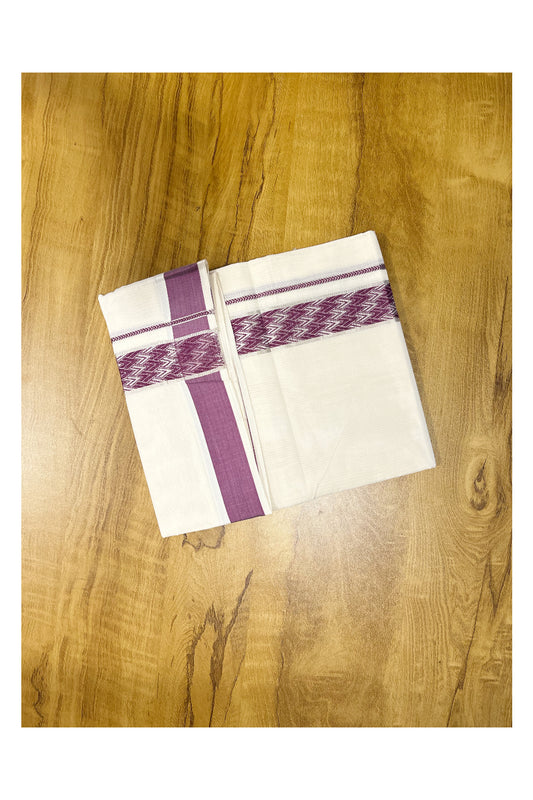 Southloom Off White Cotton Double Mundu with Silver Kasavu and Violet Woven Border