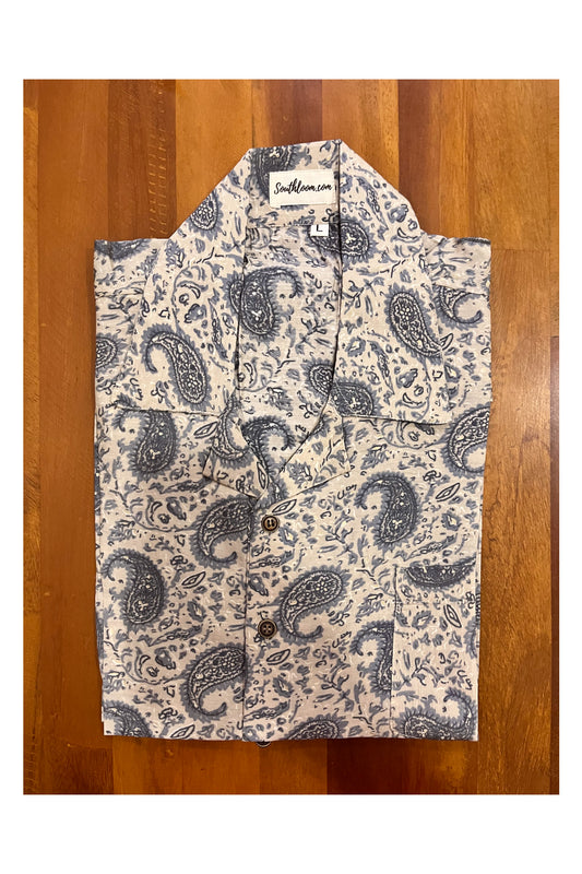 Southloom Jaipur Cotton Grey Paisley Hand Block Printed Cuban Collar Shirt (Half Sleeves)