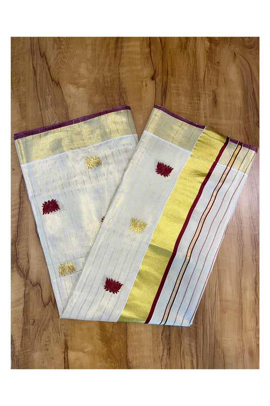 Kerala Tissue Kasavu Lines Saree with Maroon And Golden Lotus Embroidery Works