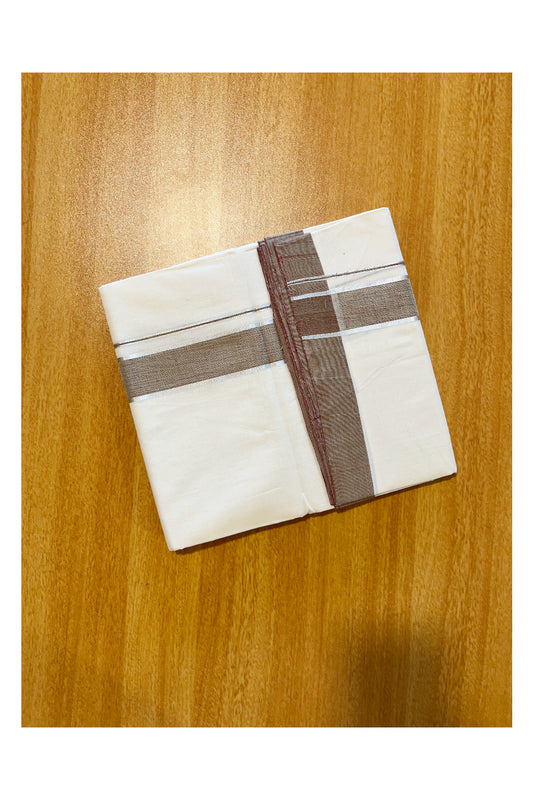 Southloom Premium Handloom Cotton Double Mundu with Brown and Silver Kasavu Border