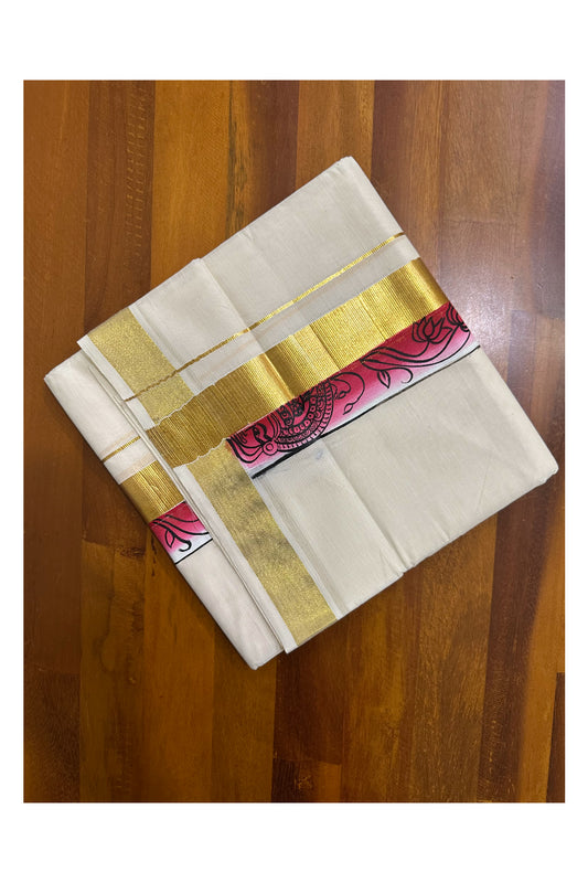 Kerala Pure Cotton Double Mundu with Hand Painted Designs on Kasavu Border(South Indian Kerala Dhoti)