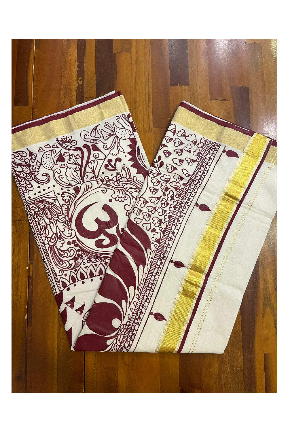 Southloom Premium Balaramapuram Unakkupaavu Handloom Saree with Saraswati Devi Motifs on Pallu and Om Across Borders 🕉️