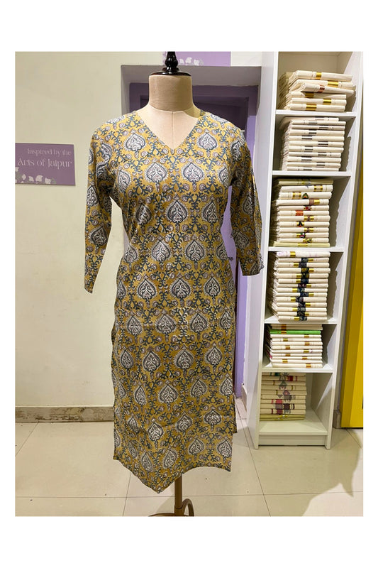 Southloom Stitched Cotton Kurti in Yellow and Grey Printed Designs
