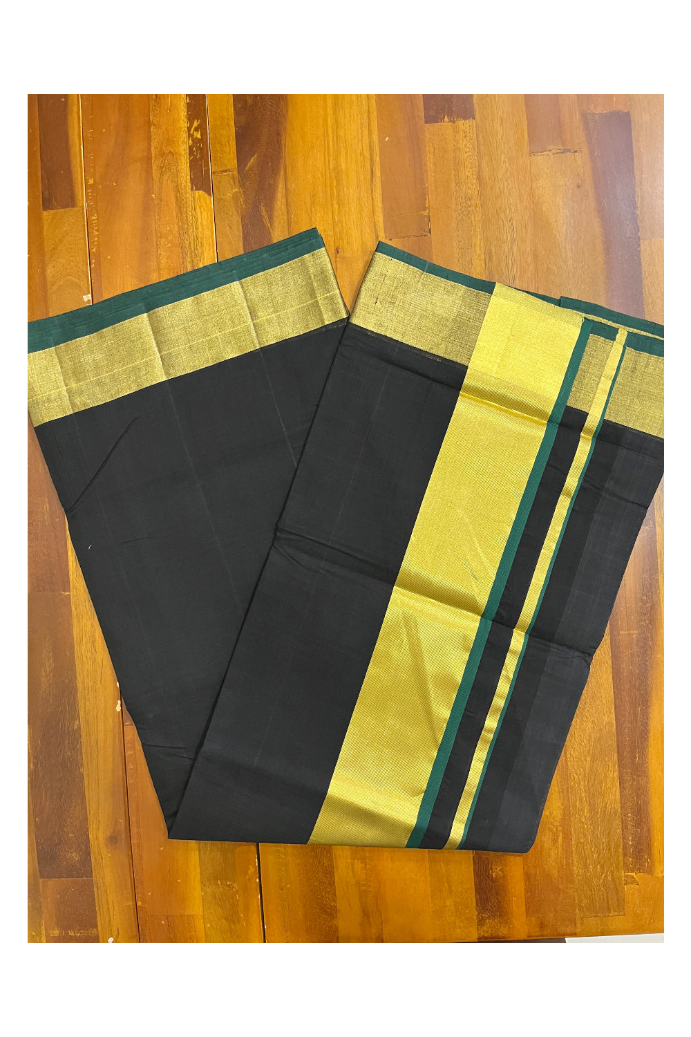 Southloom Premium Handloom Black Saree with Green And Kasavu Border