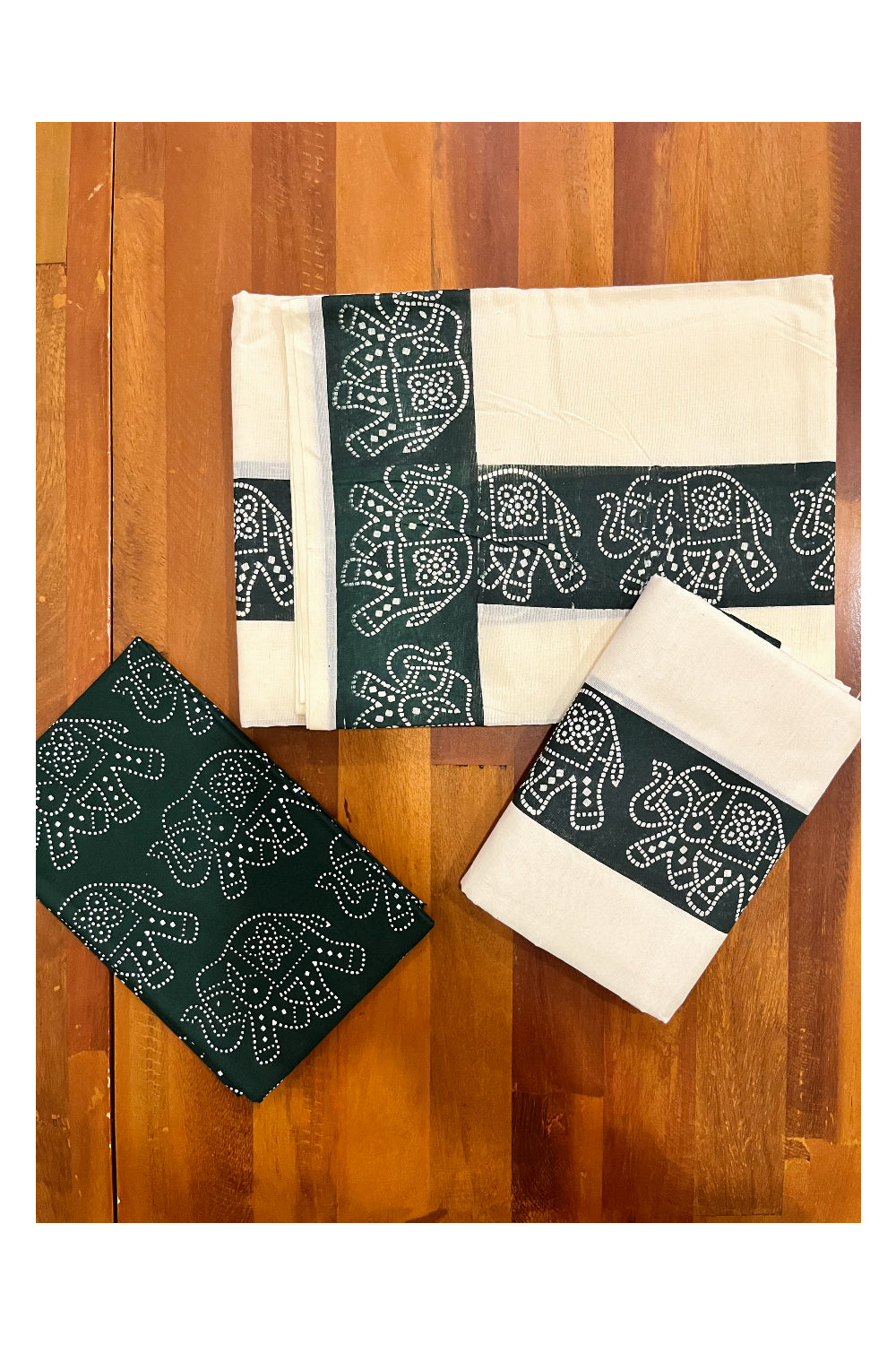 Kerala Cotton Set Mundu (Mundum Neriyathum) with Dark Green Block Prints and Seperate Blouse Piece