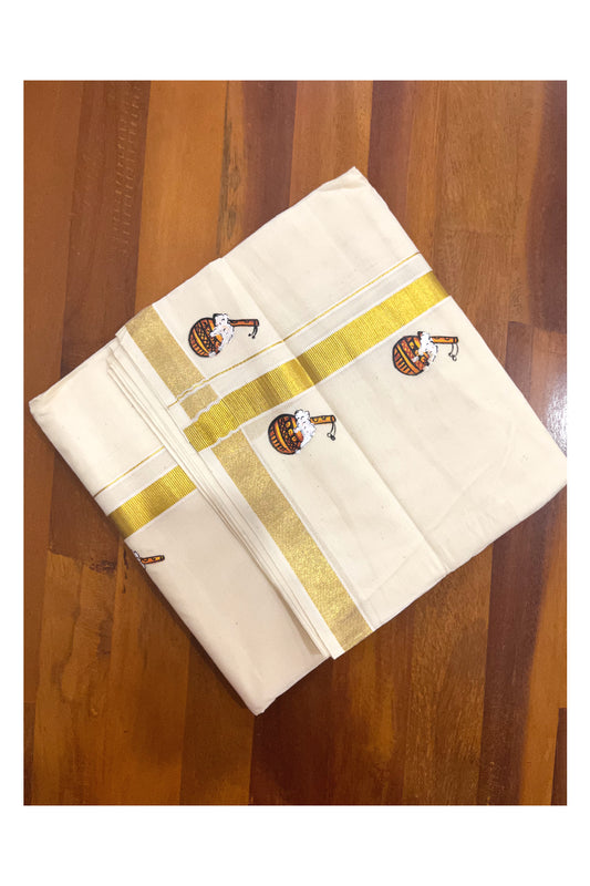 Pure Cotton Kasavu Mundu with Pot and Flute Mural Painted Design (Onam Mundu 2023)