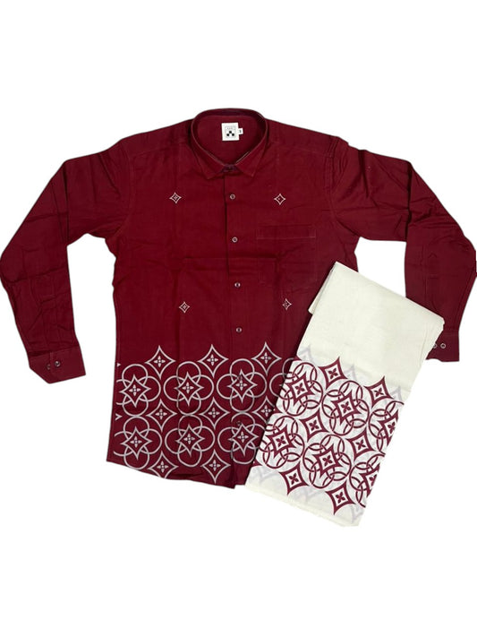 Southloom Cotton printed Maroon Men's Combo  (Shirt + Mundu) SL578