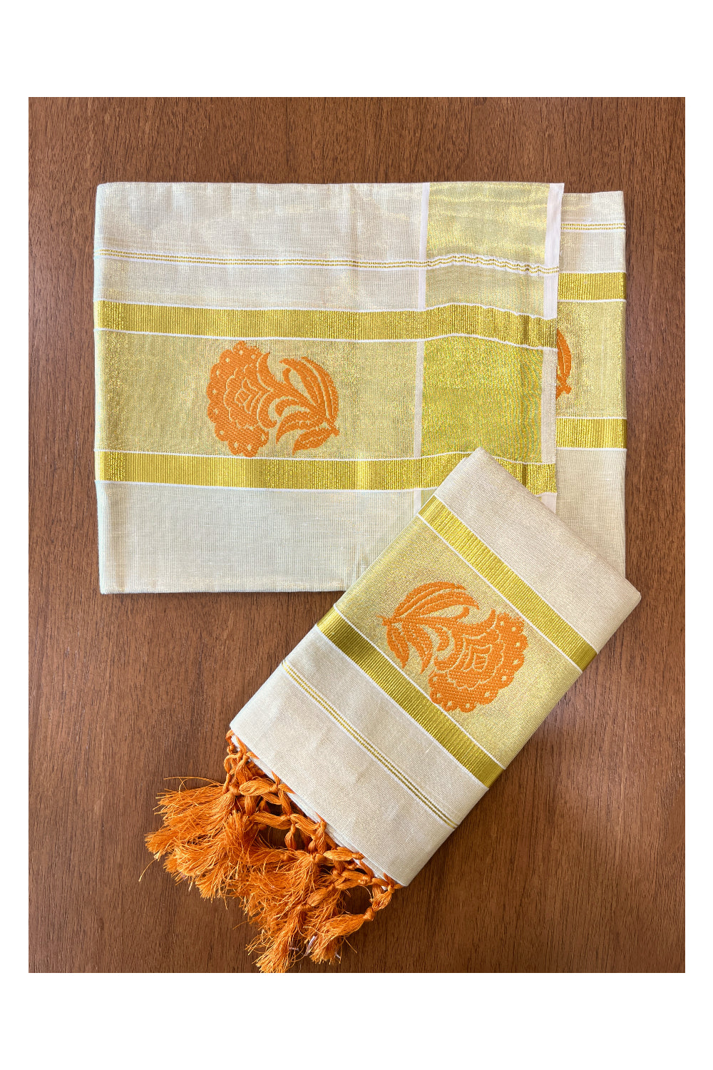 Kerala Tissue Set Mundu (Mundum Neriyathum) with Orange Floral Thread Works on Border 2.80 Mtrs