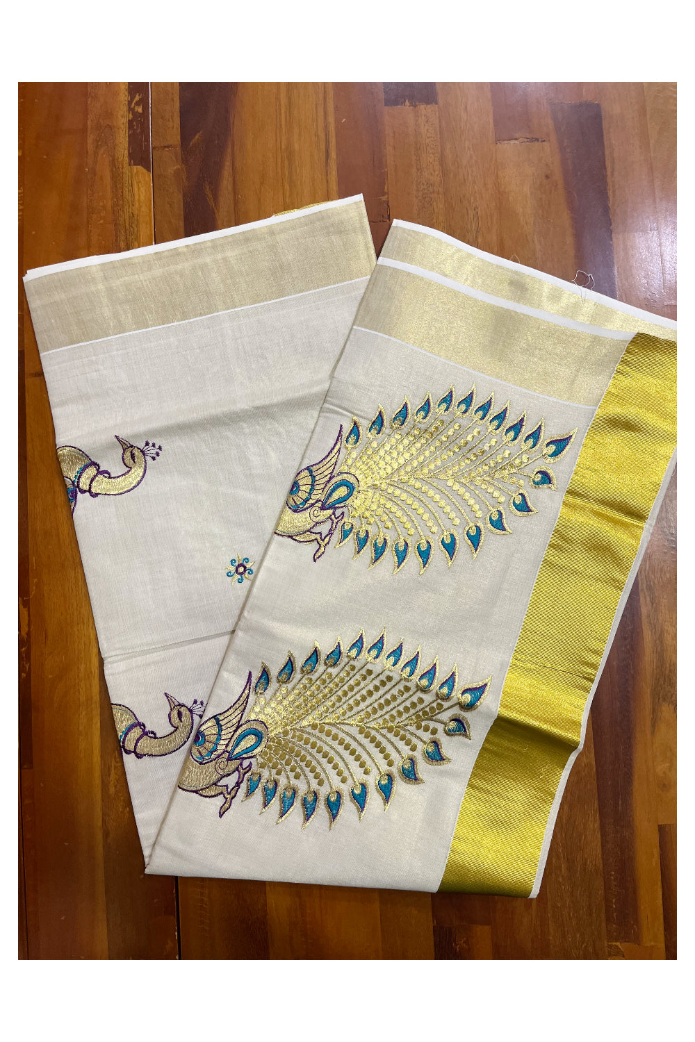 Kerala Tissue Turquoise and Golden Peacock Embroidery Work Kasavu Saree (Vishu 2024 Collection)