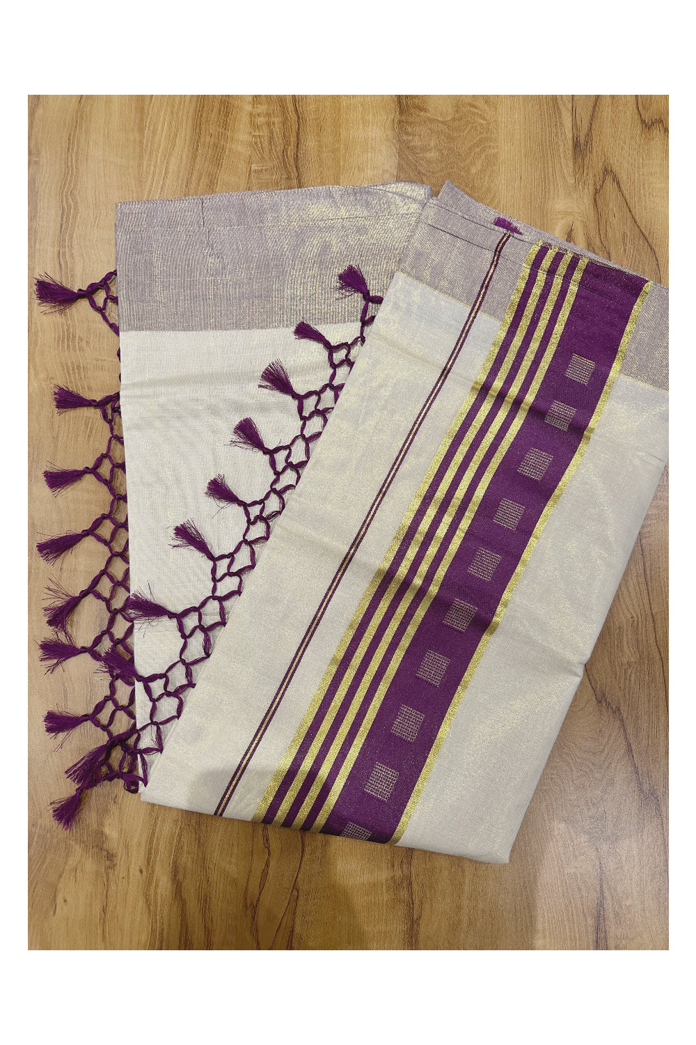 Kerala Tissue Saree with Kasavu Purple Border and Tassels Works on Pallu (Onam Saree 2023)