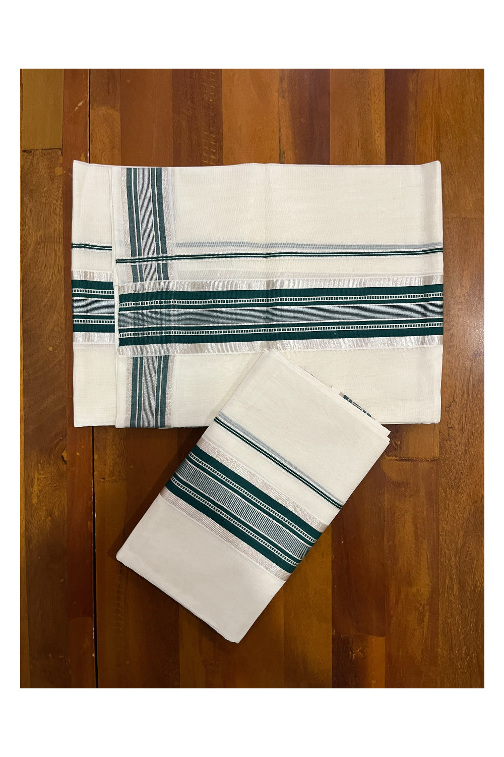 Pure Cotton Handloom Premium Kasavu Set Mundu (Mundum Neriyathum) with Green and Silver Kasavu Border (Onam Set Mundu 2023)