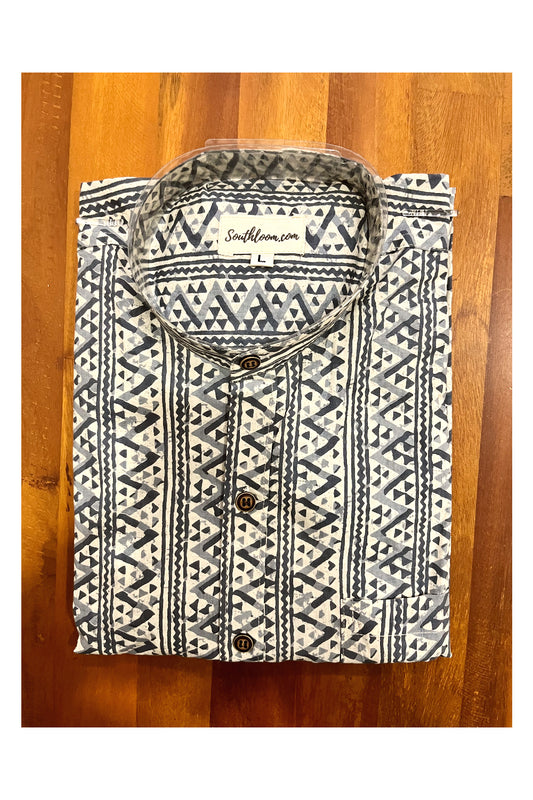Southloom Jaipur Cotton Grey Hand Block Printed Mandarin Collar Shirt (Full Sleeves)