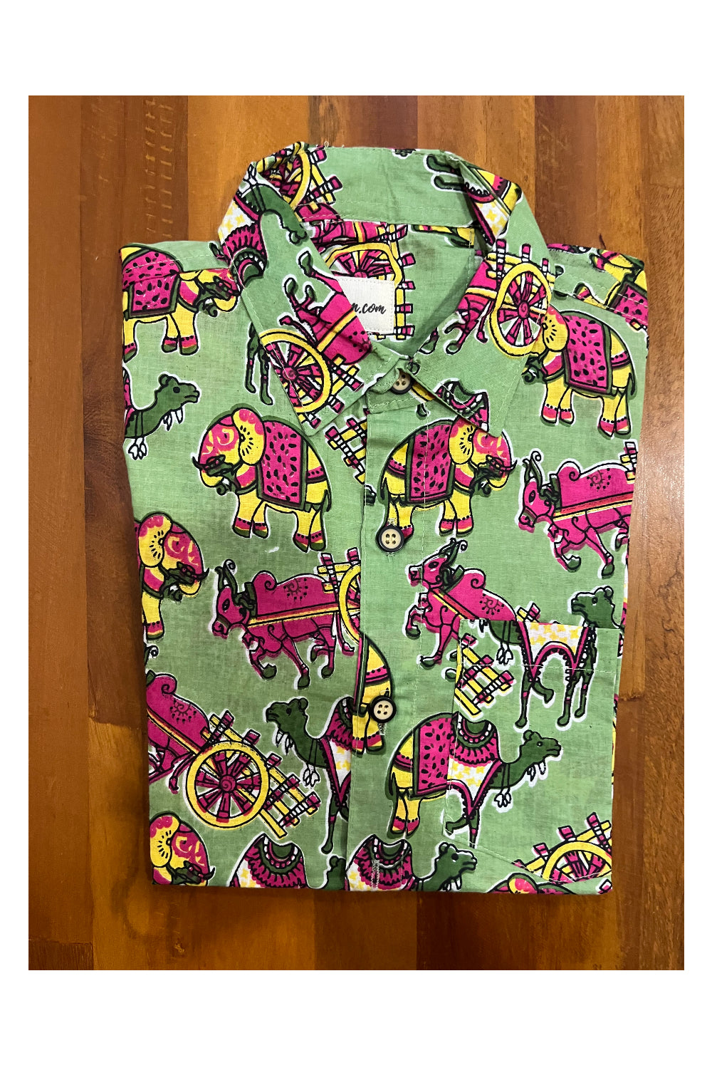 Southloom Jaipur Cotton Animals Hand Block Printed Green Shirt For Kids (Half Sleeves)