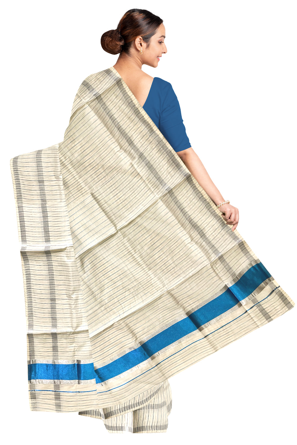 Pure Cotton Kerala Saree with Silver and Blue Kasavu Lines Across Body