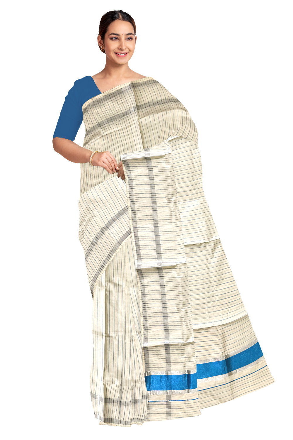 Pure Cotton Kerala Saree with Silver and Blue Kasavu Lines Across Body