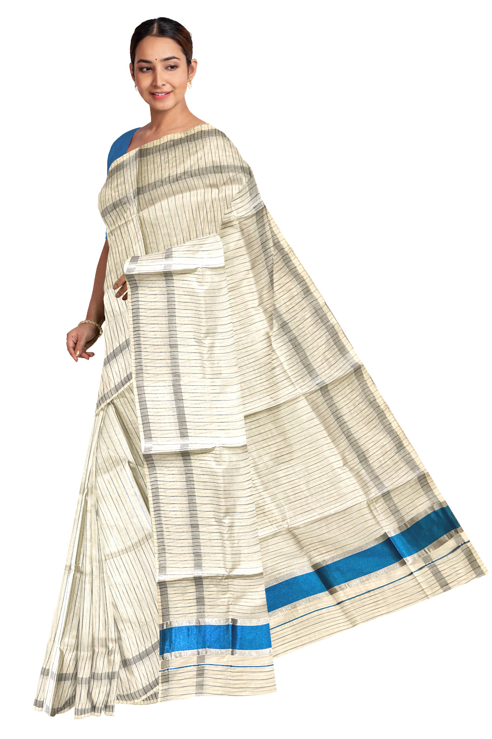 Pure Cotton Kerala Saree with Silver and Blue Kasavu Lines Across Body