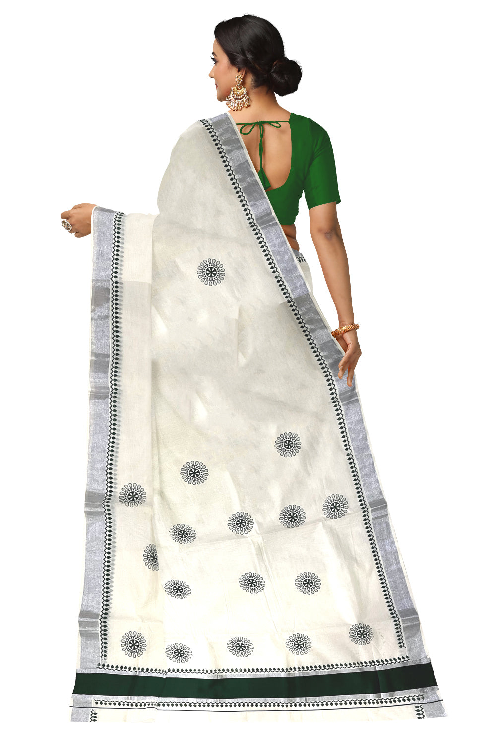 Kerala Pure Cotton Saree with Dark Green Block Prints and Silver Kasavu Border