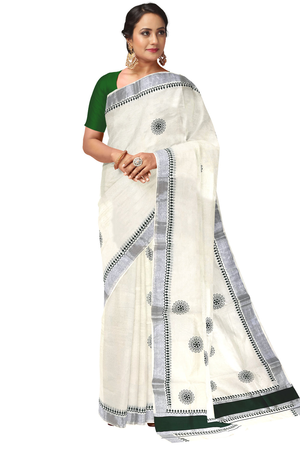 Kerala Pure Cotton Saree with Dark Green Block Prints and Silver Kasavu Border