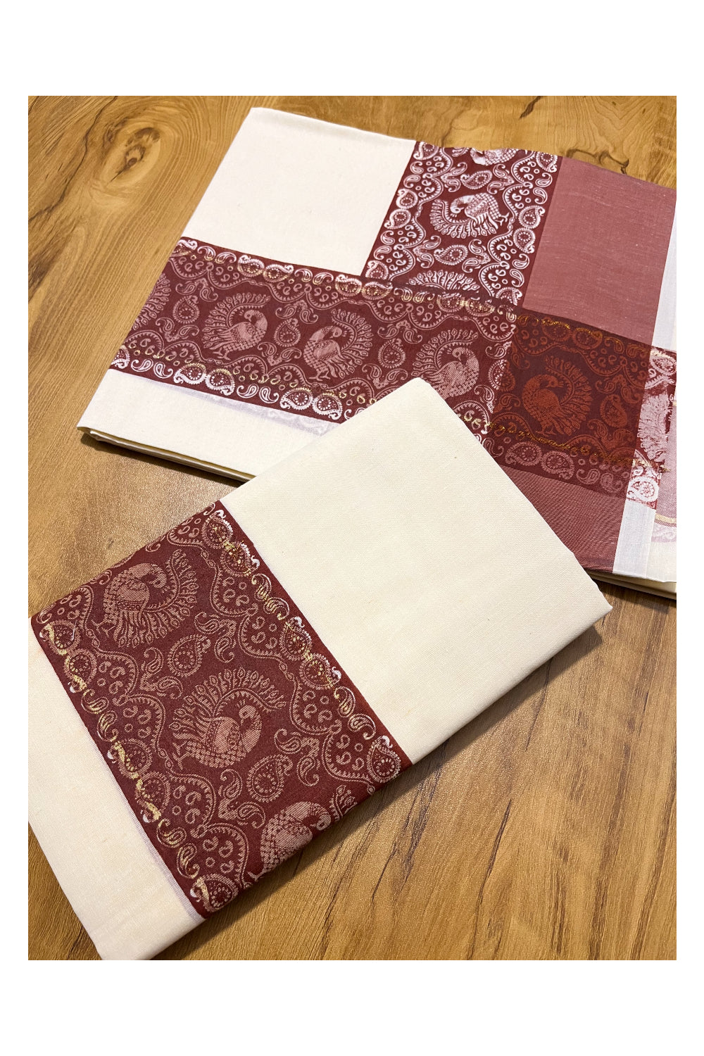 Kerala Cotton Single Set Mundu (Mundum Neriyathum) with Brown Block print Border 2.80Mtrs