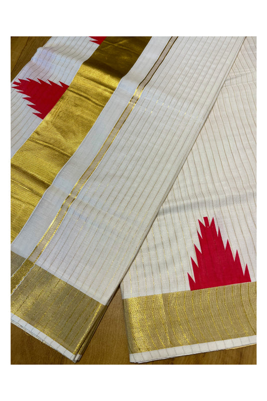 Kerala Cotton Kasavu Lines Saree With Red Temple Prints on Border