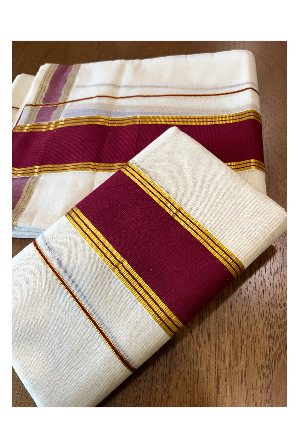 Kerala Cotton Single Set Mundu (Mundum Neriyathum) with Maroon and Kasavu Border 2.80 Mtrs