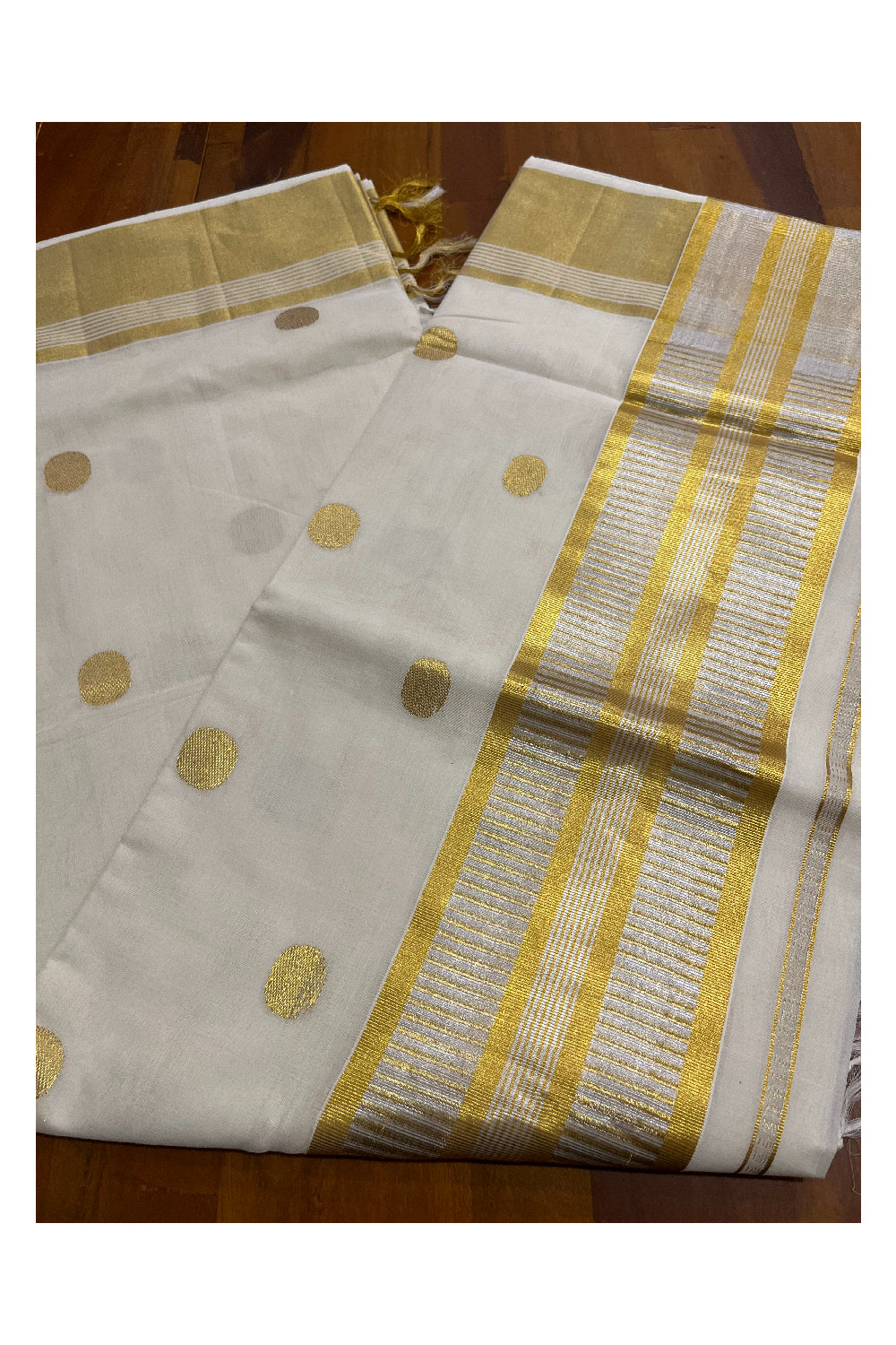 Southloom Premium Handloom Cotton Saree with Polka Woven Designs and Silver Gold Kasavu Pallu