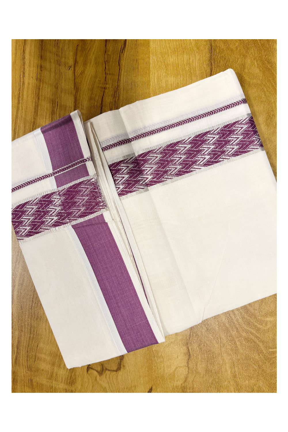 Southloom Off White Cotton Double Mundu with Silver Kasavu and Magenta Woven Border