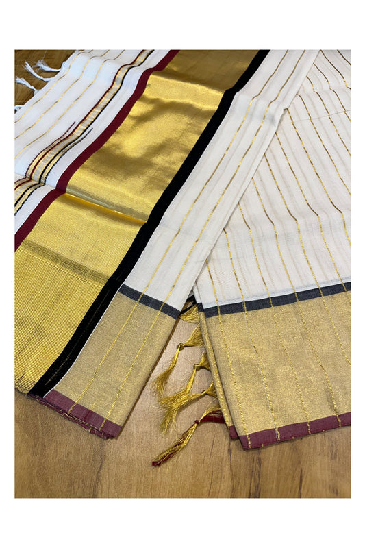 Southloom Premium Handloom Cotton Kasavu Lines Design Saree with Black and Maroon Border