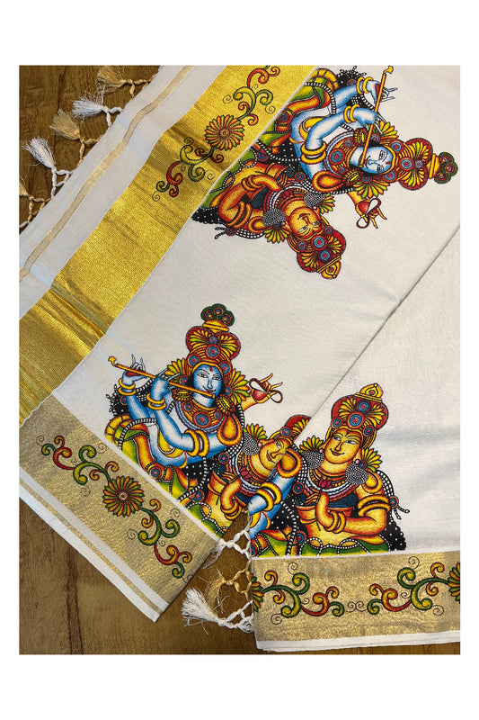 Pure Cotton Kerala Kasavu Saree with Krishna Radha Mural Printed Art Design and Printed Border