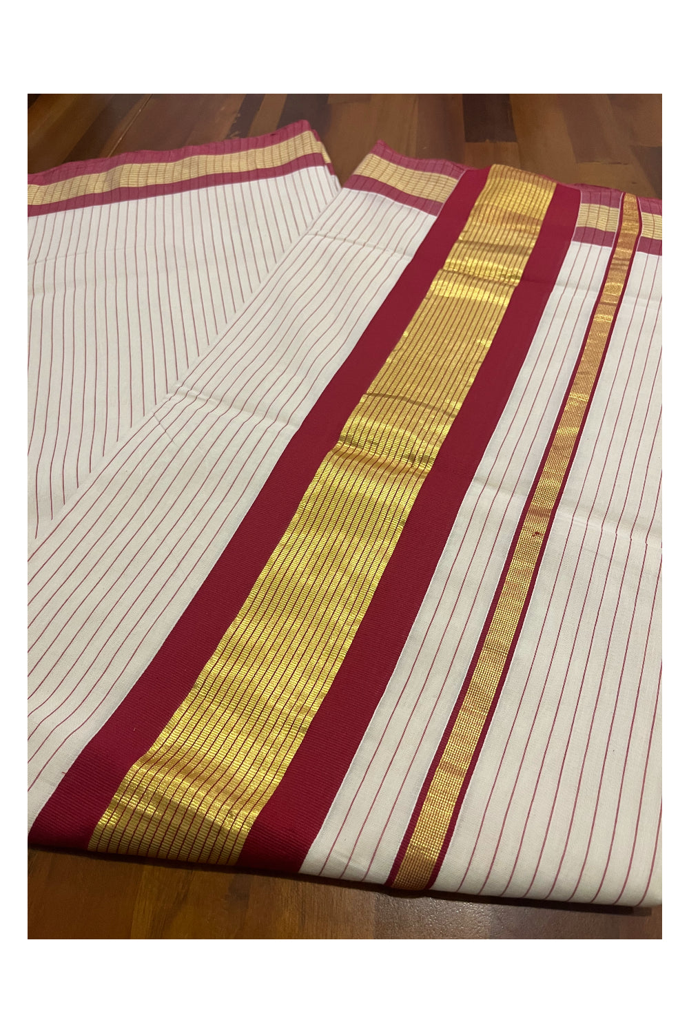 Southloom Premium Unakkupaavu Handloom Cotton Saree with Maroon and Kasavu Lines Designs on Pallu