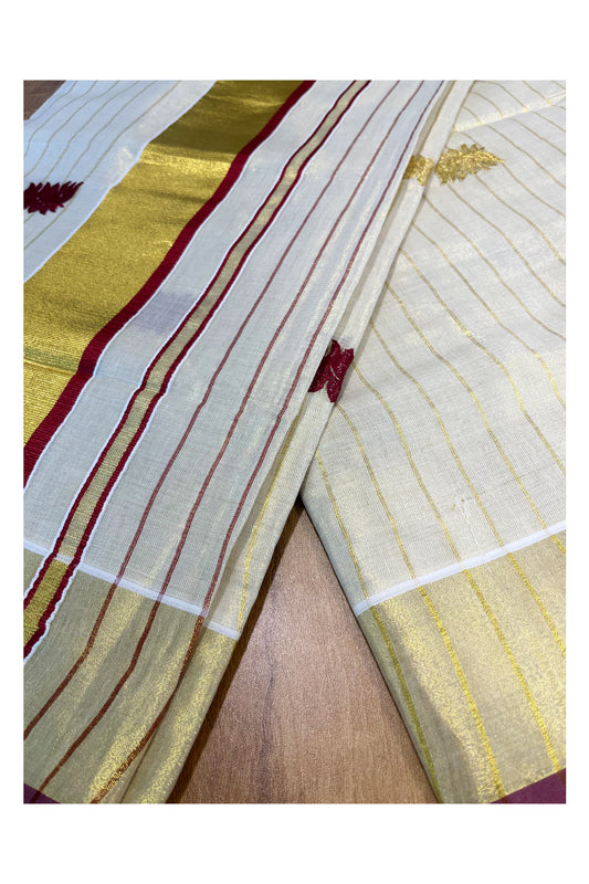 Kerala Tissue Kasavu Lines Saree with Maroon And Golden Lotus Embroidery Works