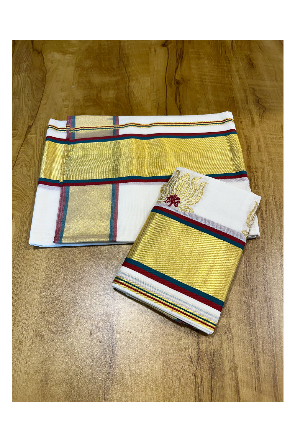 Southloom Handloom Premium Cotton Kasavu Set Mundu Lotus Woven Patterns With Green And Maroon Border (Mundum Neriyathum) 2.80 Mtrs