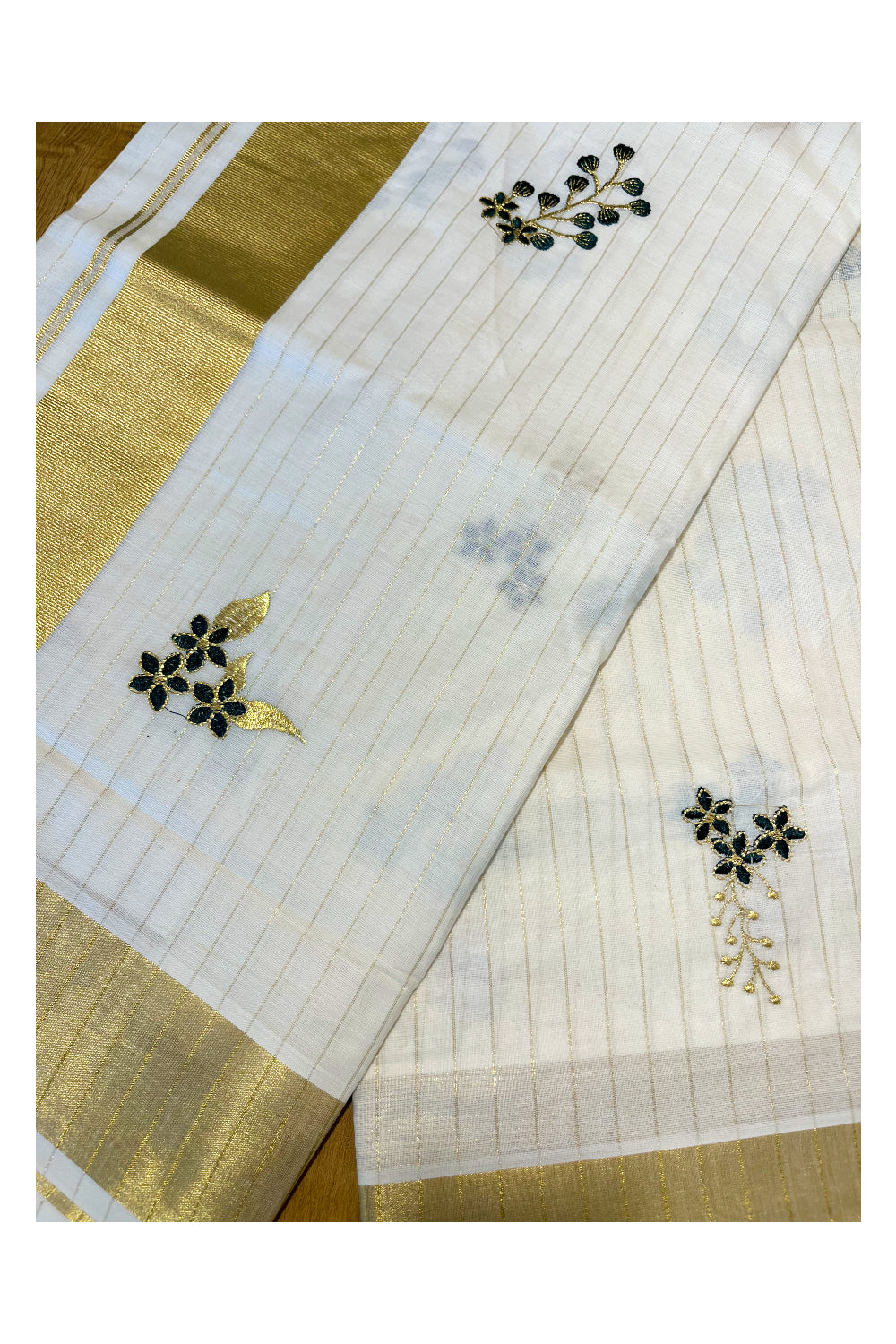 Kerala Cotton Kasavu Lines Saree with Green Floral Embroidery Works On Body