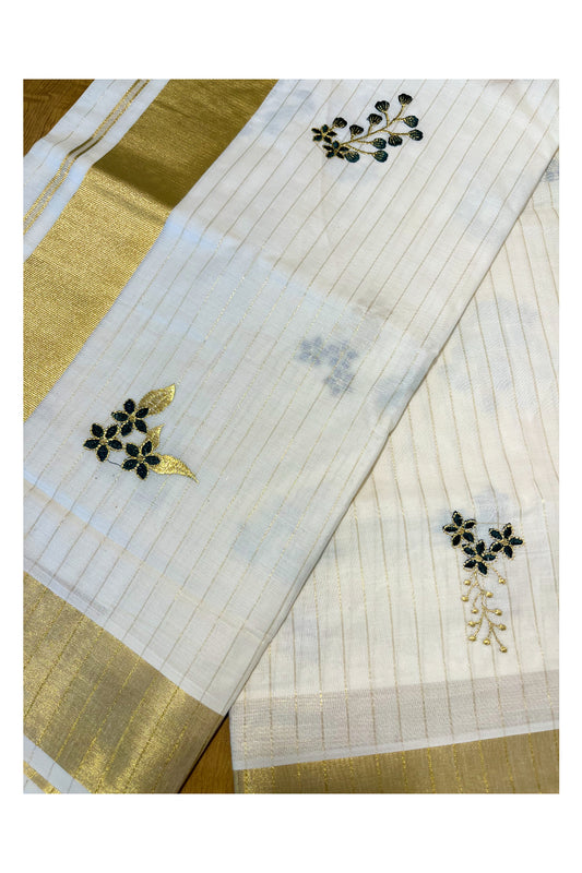 Kerala Cotton Kasavu Lines Saree with Kanikonna Floral Embroidery Works On Body