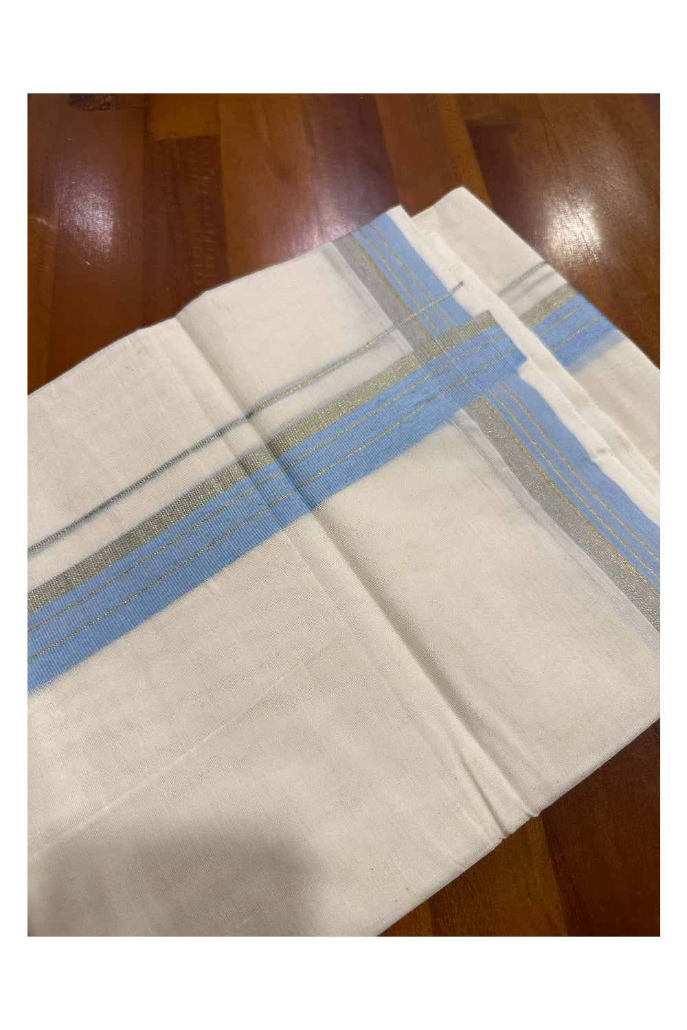 Southloom Premium Handloom Mundu with Light Blue and Kasavu Kara (Onam Mundu 2023)