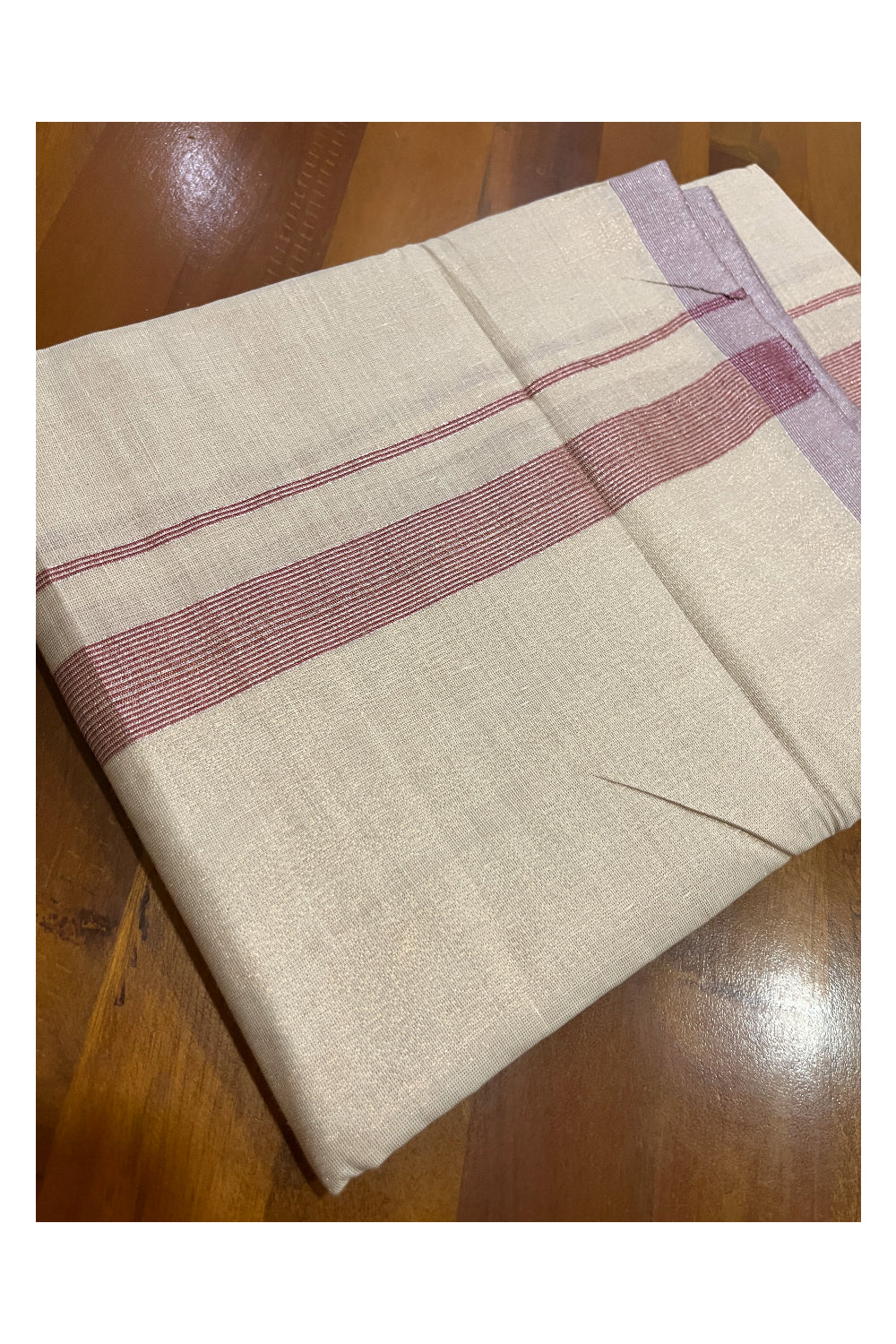 Kerala Rose Copper Tissue Double Mundu with Red Lines Border (South Indian Kerala Dhoti)