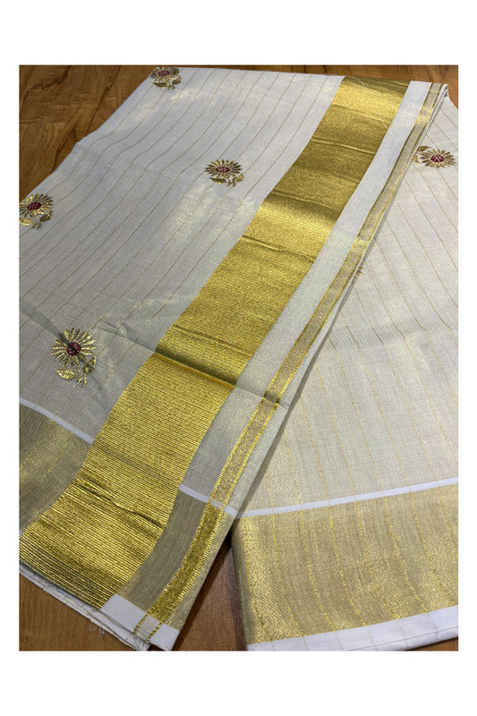 Kerala Tissue Kasavu Lines Saree with Embroidary Work On Body