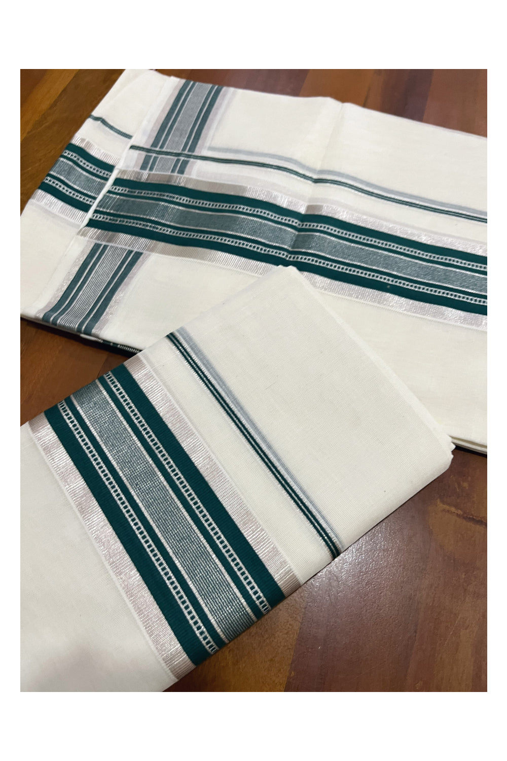 Pure Cotton Handloom Premium Kasavu Set Mundu (Mundum Neriyathum) with Green and Silver Kasavu Border (Onam Set Mundu 2023)