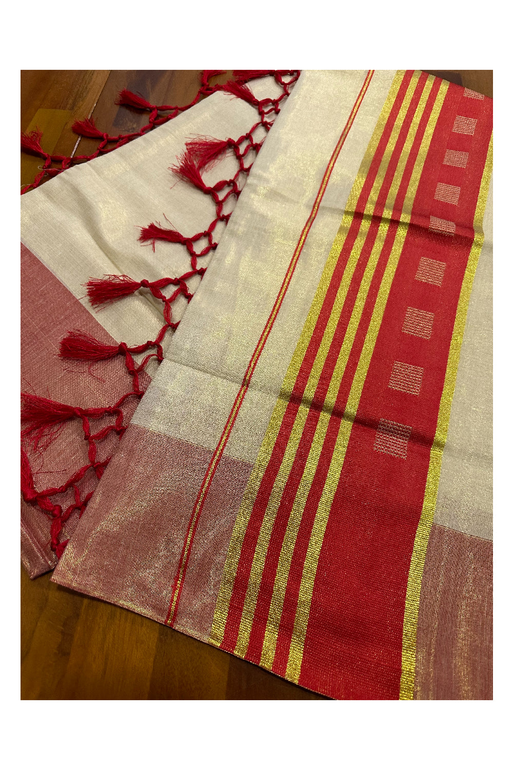 Kerala Tissue Saree with Kasavu Red Border and Tassels Works on Pallu (Onam Saree 2023)